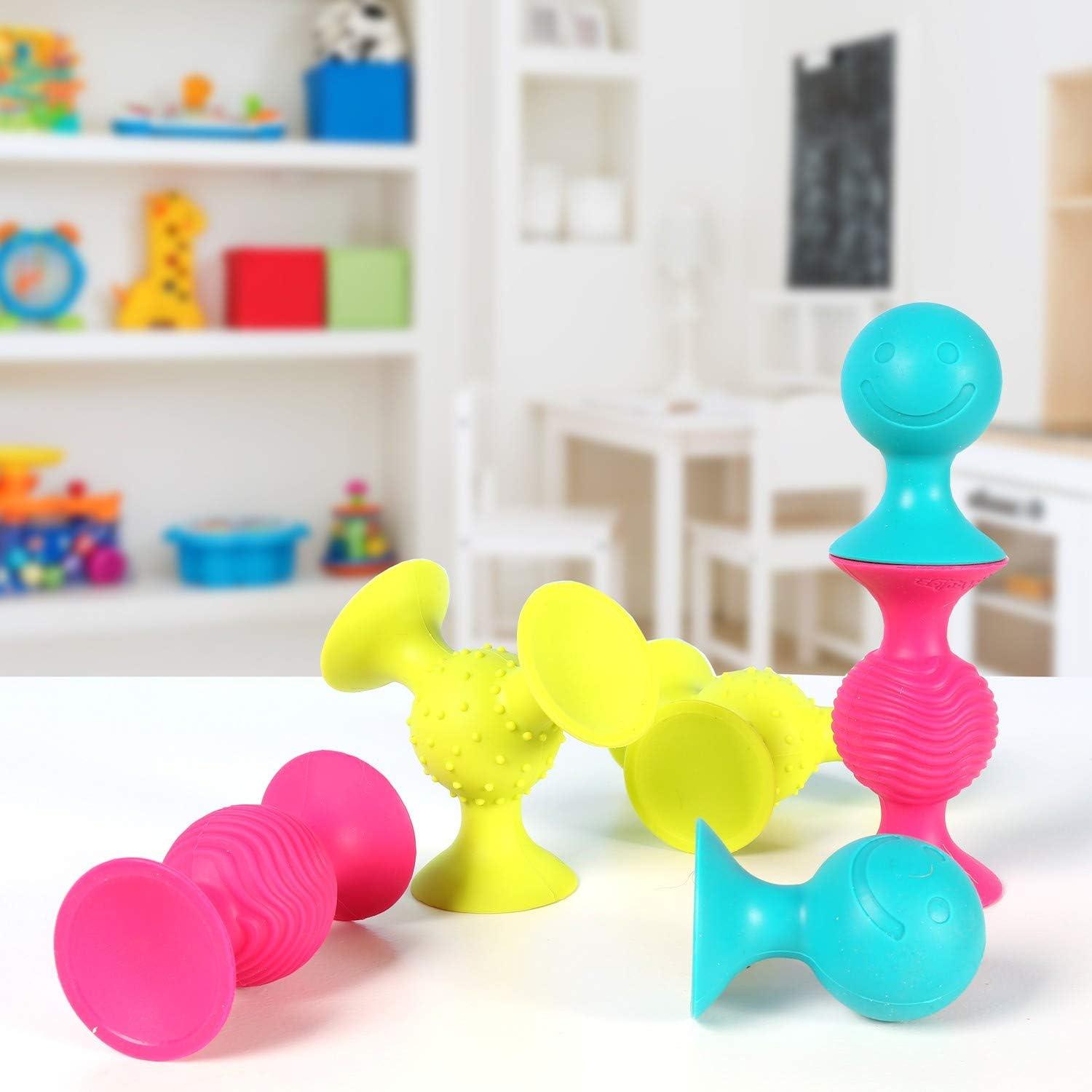 imageFat Brain PipSquigz Bundle 6 Piece Baby Rattle Suction Cup Toys BPAFree Sensory Toy Set with Storage Bag Silicone Bath Toys