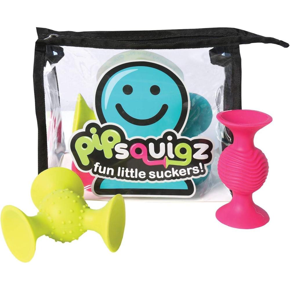 imageFat Brain PipSquigz Bundle 6 Piece Baby Rattle Suction Cup Toys BPAFree Sensory Toy Set with Storage Bag Silicone Bath Toys