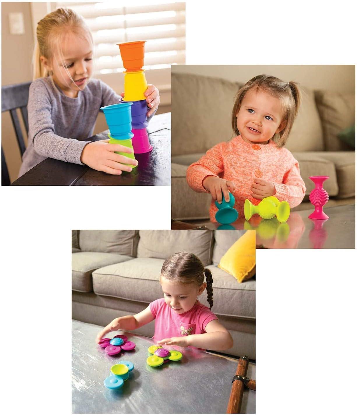 imageFat Brain Toys Pipsquigz WhirlySquigz SuctionKupz Set 12 Piece Early Learner Toys 6 Suction Kupz Stacking Toys 3 PipSquigz 3 Whirly Squigz Spinners in Zippered Storage Case BPAFree Silicone