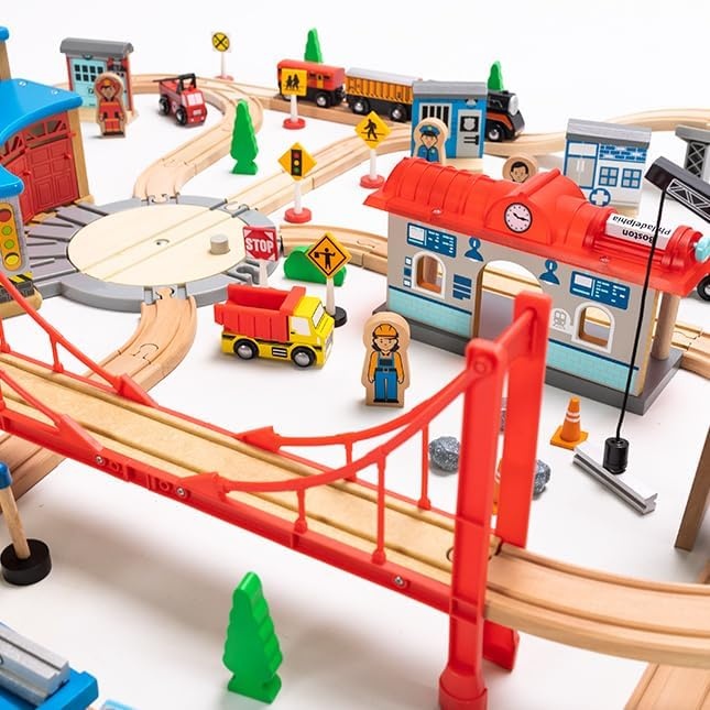 image:imageFat Brain Toys 100pc Mountain Train Set Wooden Magnetic Train with Roundhouse 3