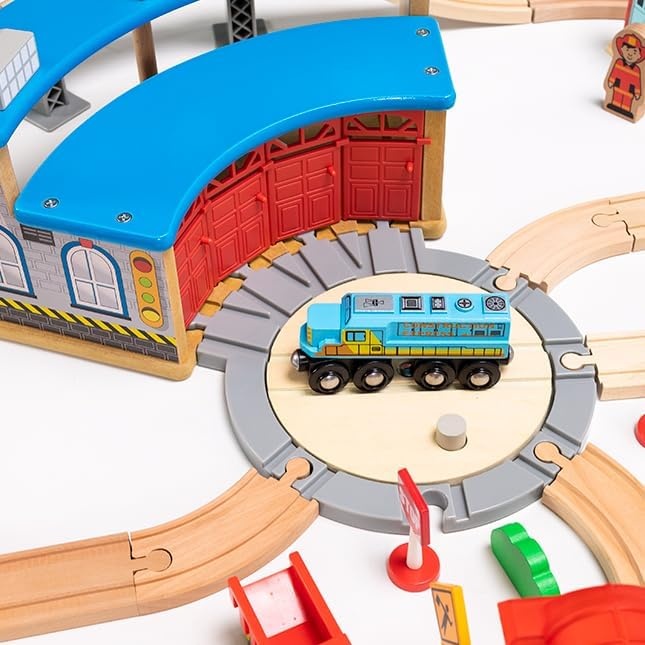 image:imageFat Brain Toys 100pc Mountain Train Set Wooden Magnetic Train with Roundhouse 3